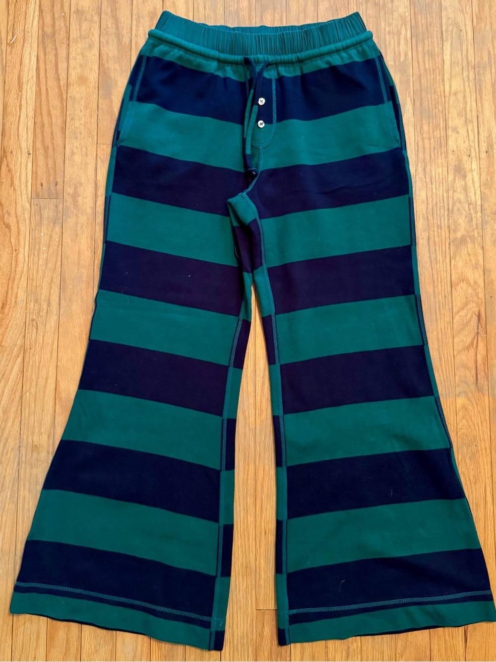 Free People Intimate Wide-Leg Striped Knit Pants - Green and Navy